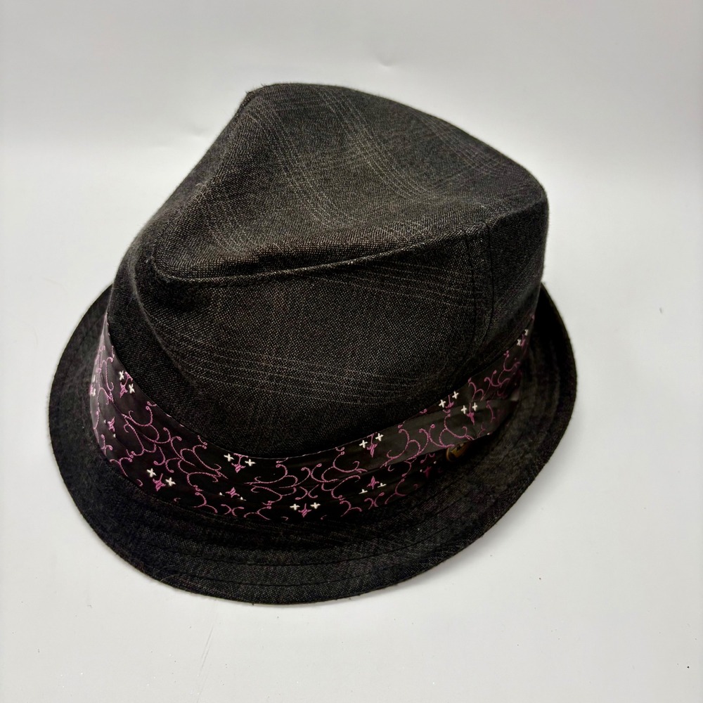 Goorin Bros Black Gray Plaid Fedora Hat Purple Scroll Band Brass Castle Button L